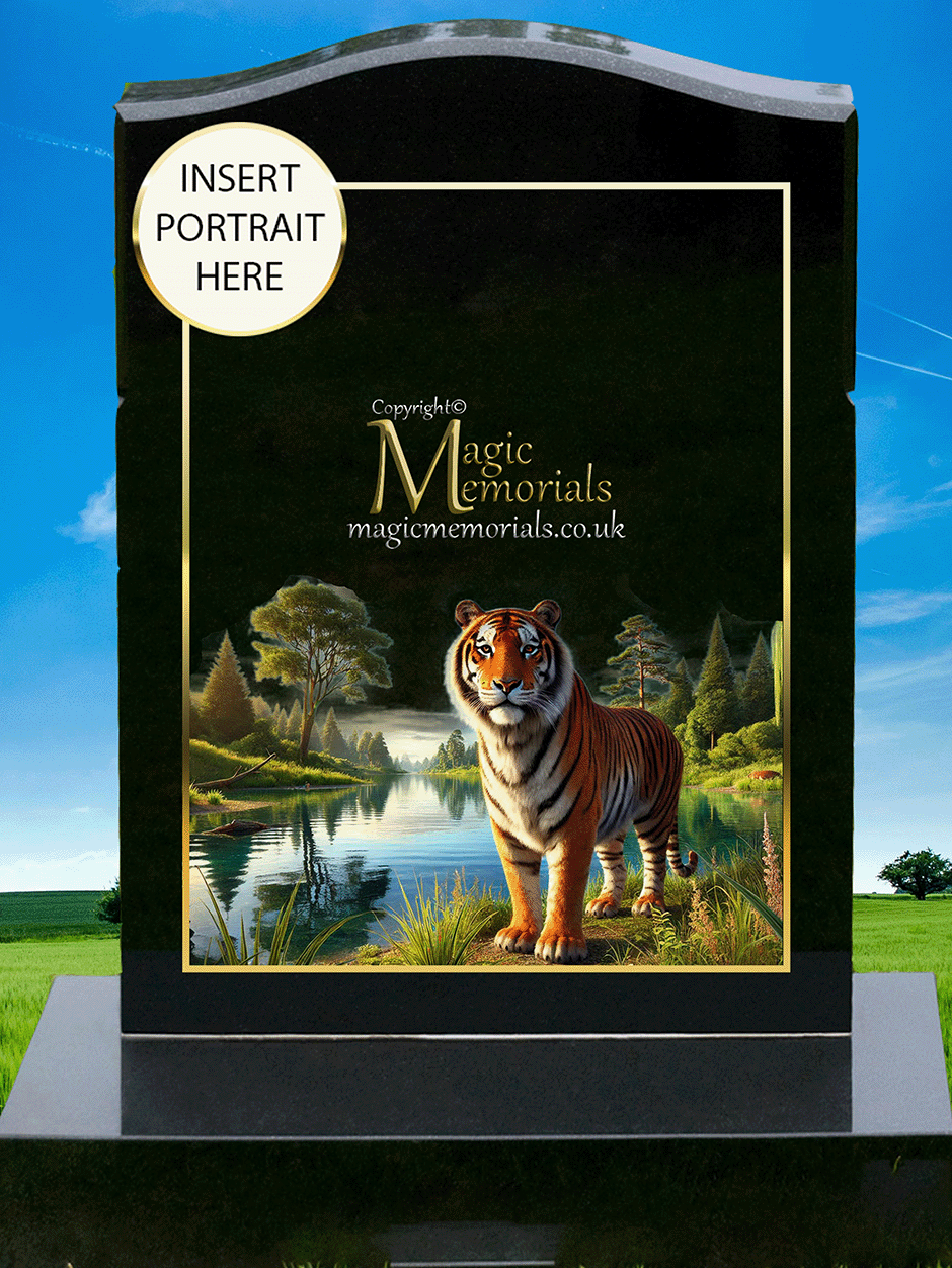Wild animal memorial headstone crafted from premium granite, featuring a beautifully detailed engraving of a lion, tiger, or wolf. A powerful tribute for wildlife enthusiasts and those who admired nature’s most majestic creatures.