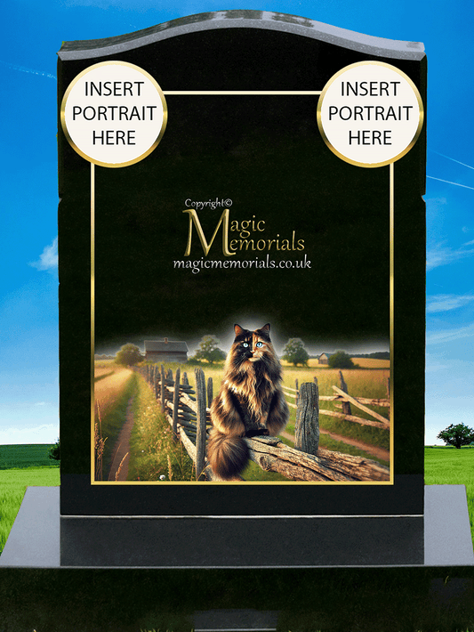 Tortoiseshell Cat Lover Memorial Headstone made from premium granite, featuring high-resolution tortie cat imagery and a personalised inscription. A meaningful tribute to a bold and beloved feline companion.