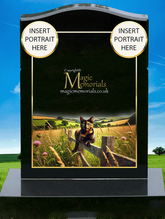 Tortoiseshell Cat Lover Memorial Headstone made from premium granite, featuring high-resolution tortie cat imagery and a personalised inscription. A meaningful tribute to a bold and beloved feline companion.