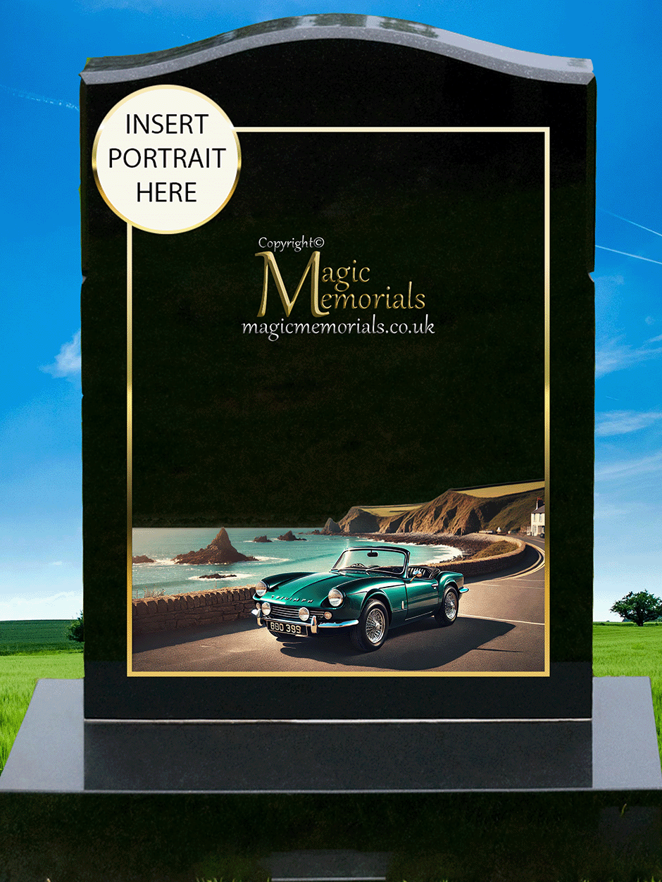 British Car Enthusiast Memorial Headstone crafted from premium granite, featuring a beautifully engraved Aston Martin, Bentley, Jaguar, Rolls-Royce, Lotus, Mini, or other British car design. A meaningful tribute for classic and modern British car lovers, fully customisable with inscriptions and artwork.