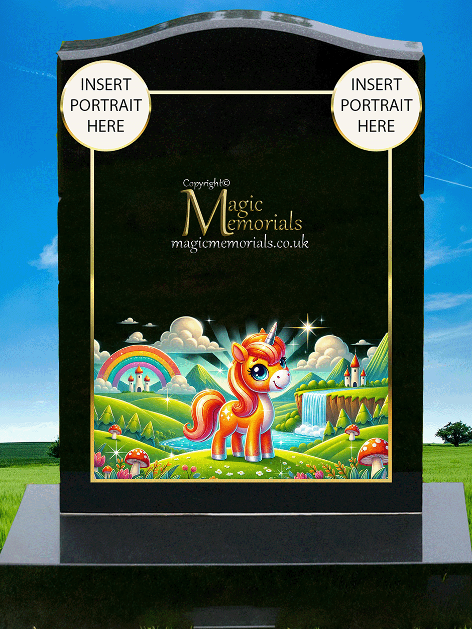 Children’s unicorn-themed memorial headstone crafted from premium granite, featuring gentle, colourful unicorn imagery and personalised inscriptions. A comforting tribute for a child filled with wonder.