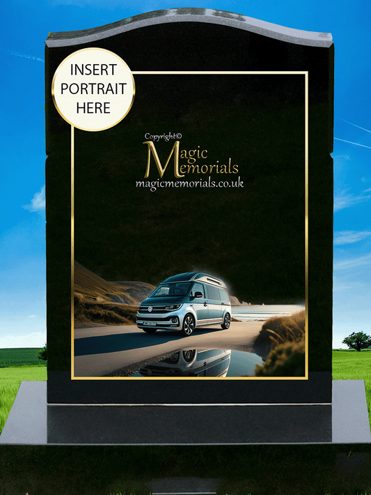 Volkswagen Enthusiast Memorial Headstone crafted from premium granite, featuring a beautifully engraved VW Beetle, Campervan, or other Volkswagen model. A meaningful tribute for VW lovers, fully customisable with inscriptions and artwork.