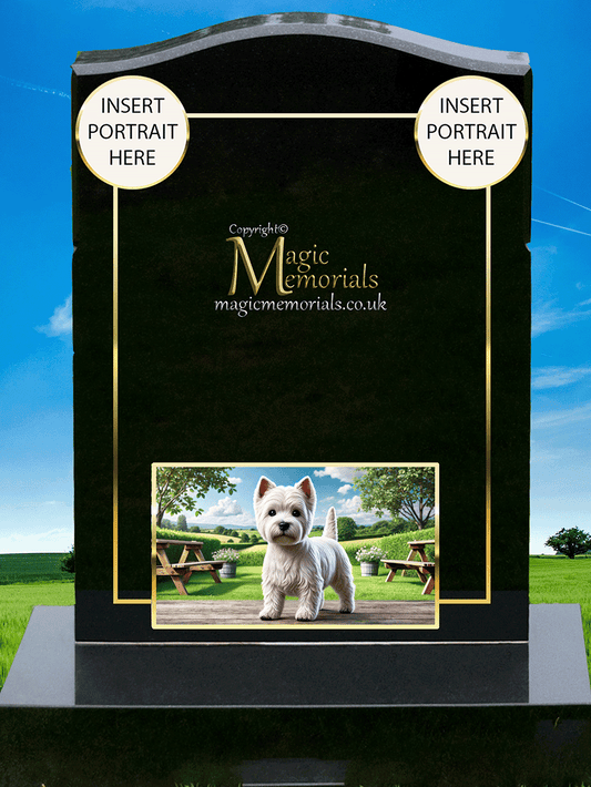 West Highland Terrier Lover Memorial Headstone made from premium granite, featuring high-resolution Westie imagery and a personalised inscription. A charming tribute to a much-loved and loyal small dog breed.