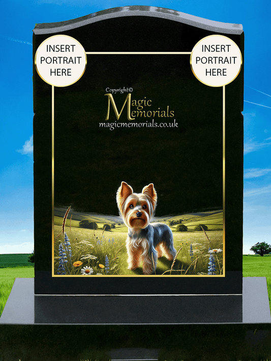 Yorkshire Terrier Lover Memorial Headstone made from premium granite, featuring high-resolution Yorkie imagery and a personalised inscription. A heartfelt tribute for small dog enthusiasts and Yorkshire Terrier owners.