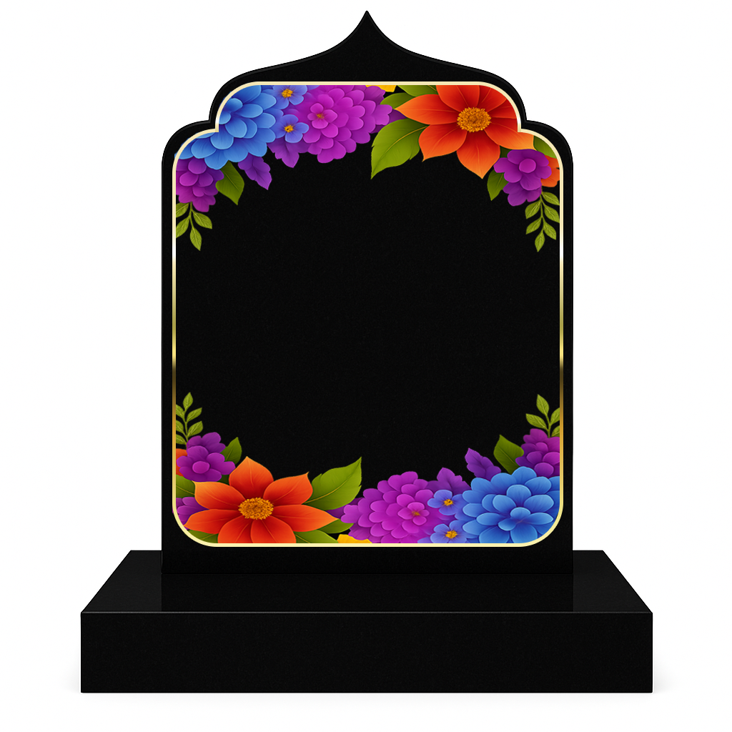 Polished black granite Islamic headstone featuring Arabic calligraphy, crescent moon and star symbol, and engraved personal details, set in a peaceful cemetery