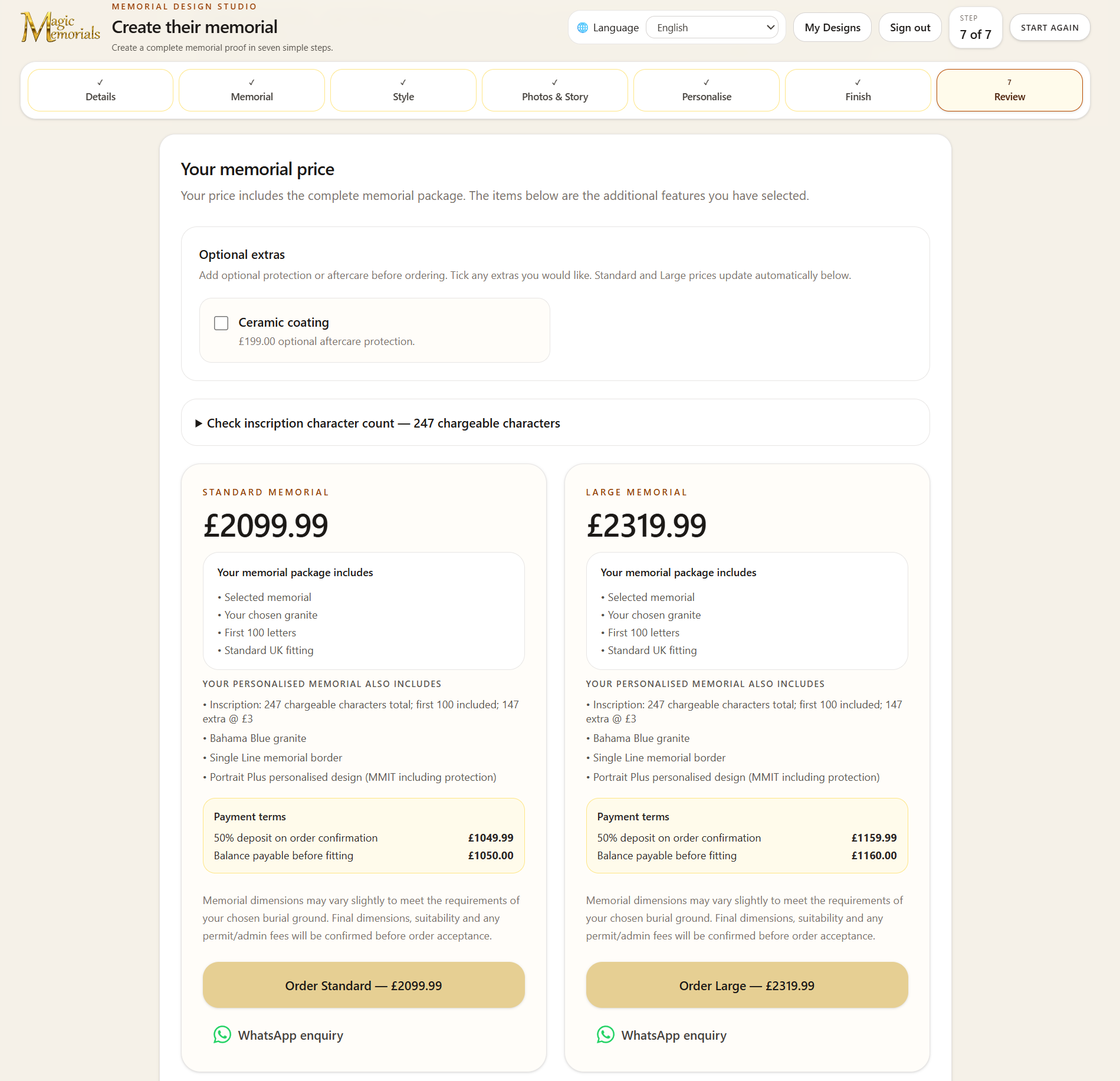 Magic Memorials Design Studio: Standard and Large memorial prices with optional extras