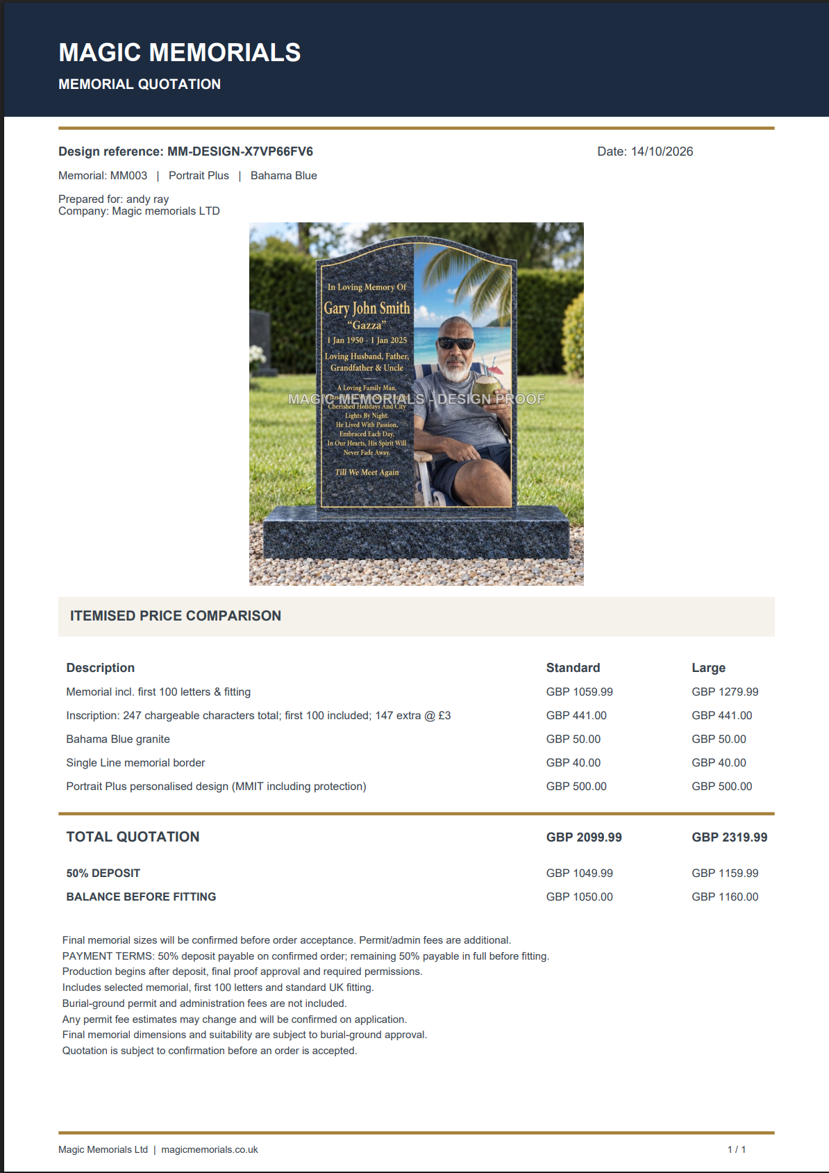 Magic Memorials Design Studio: Downloadable itemised quotation