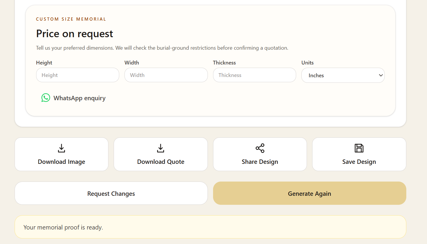 Magic Memorials Design Studio: Download, share, save and request changes controls