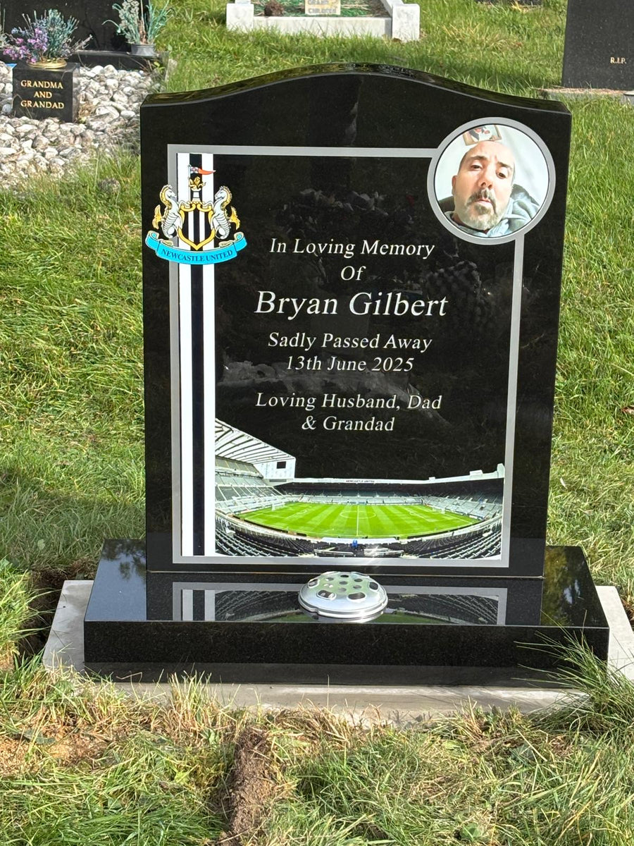 Installed Newcastle United themed black granite headstone with colour portrait