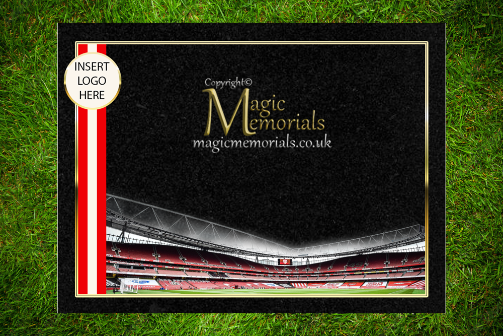Custom granite cremation tablet for an Arsenal FC fan, featuring football-themed designs and a personalised inscription. A fitting tribute to a passionate supporter of the Gunners.