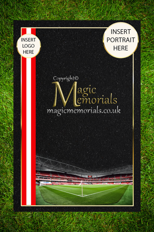 Custom granite cremation tablet for an Arsenal FC fan, featuring football-themed designs and a personalised inscription. A fitting tribute to a passionate supporter of the Gunners.