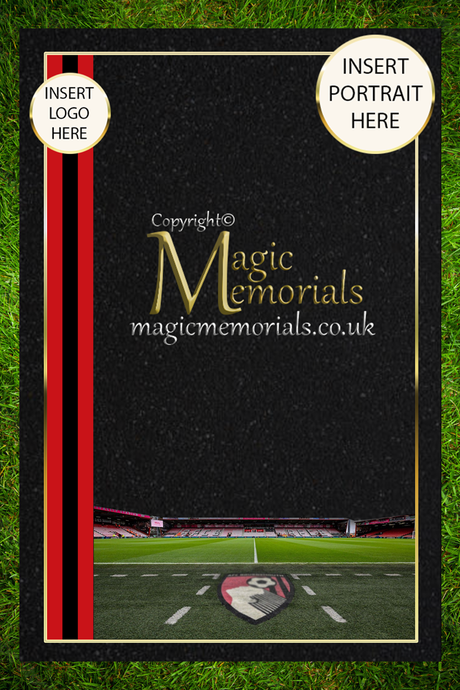 Custom granite cremation tablet for an AFC Bournemouth supporter, featuring football-inspired artwork, club-themed colours, and a personalised inscription. A tribute to a true Cherries fan