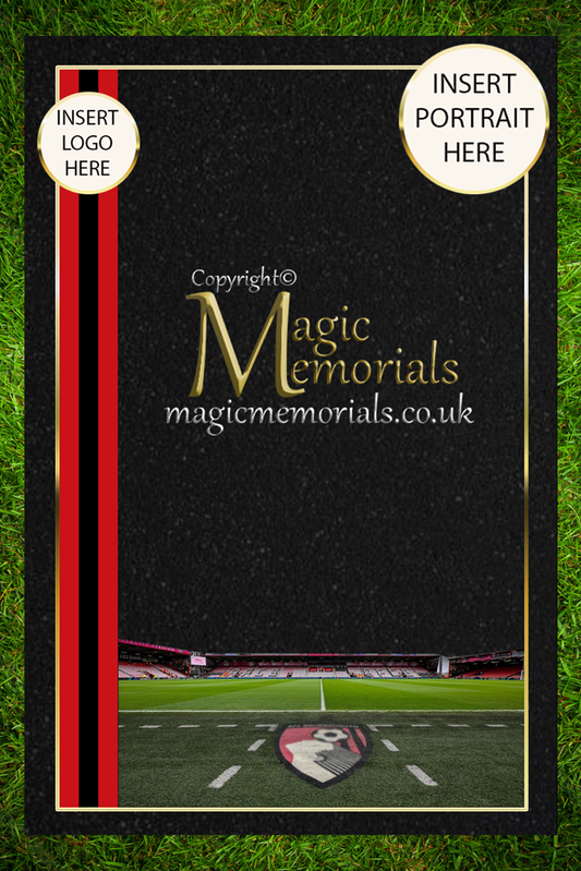Custom granite cremation tablet for an AFC Bournemouth supporter, featuring football-inspired artwork, club-themed colours, and a personalised inscription. A tribute to a true Cherries fan