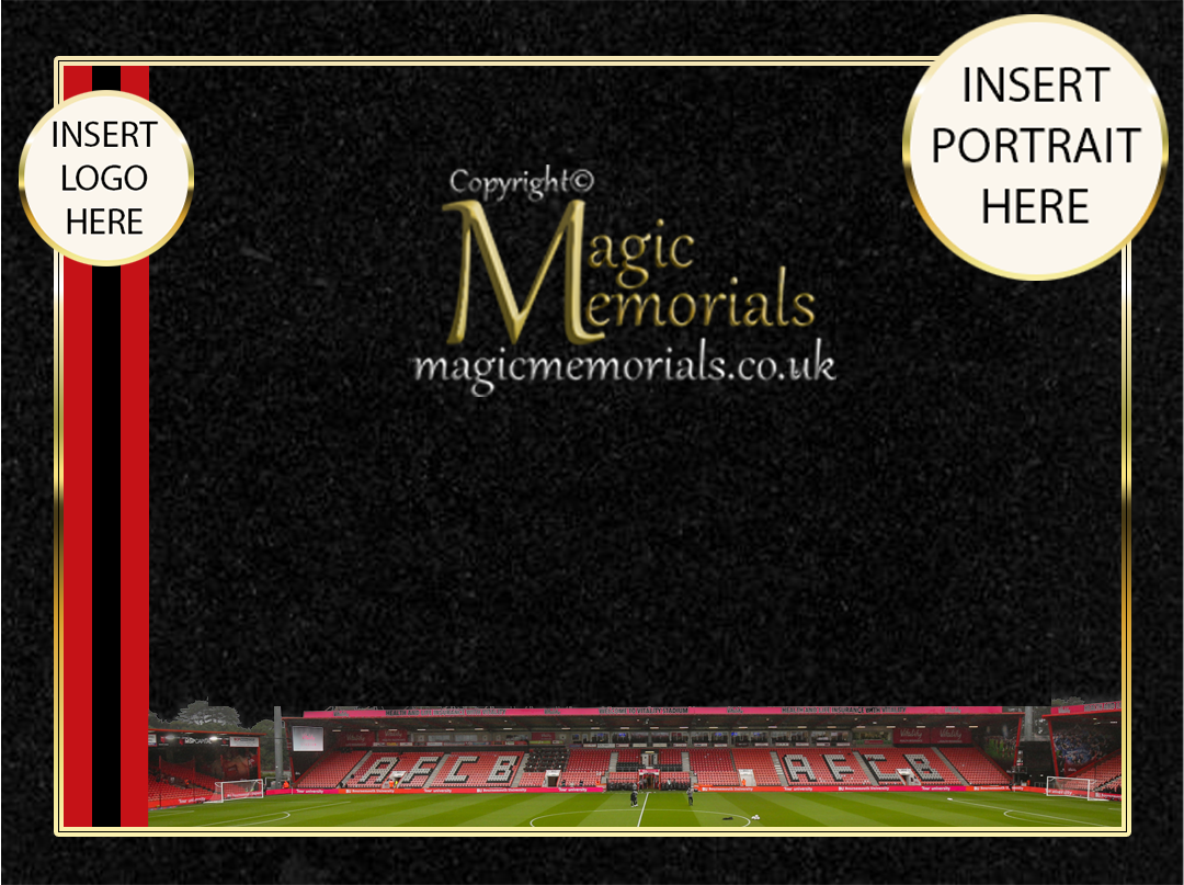 Custom granite cremation tablet for an AFC Bournemouth supporter, featuring football-inspired artwork, club-themed colours, and a personalised inscription. A tribute to a true Cherries fan