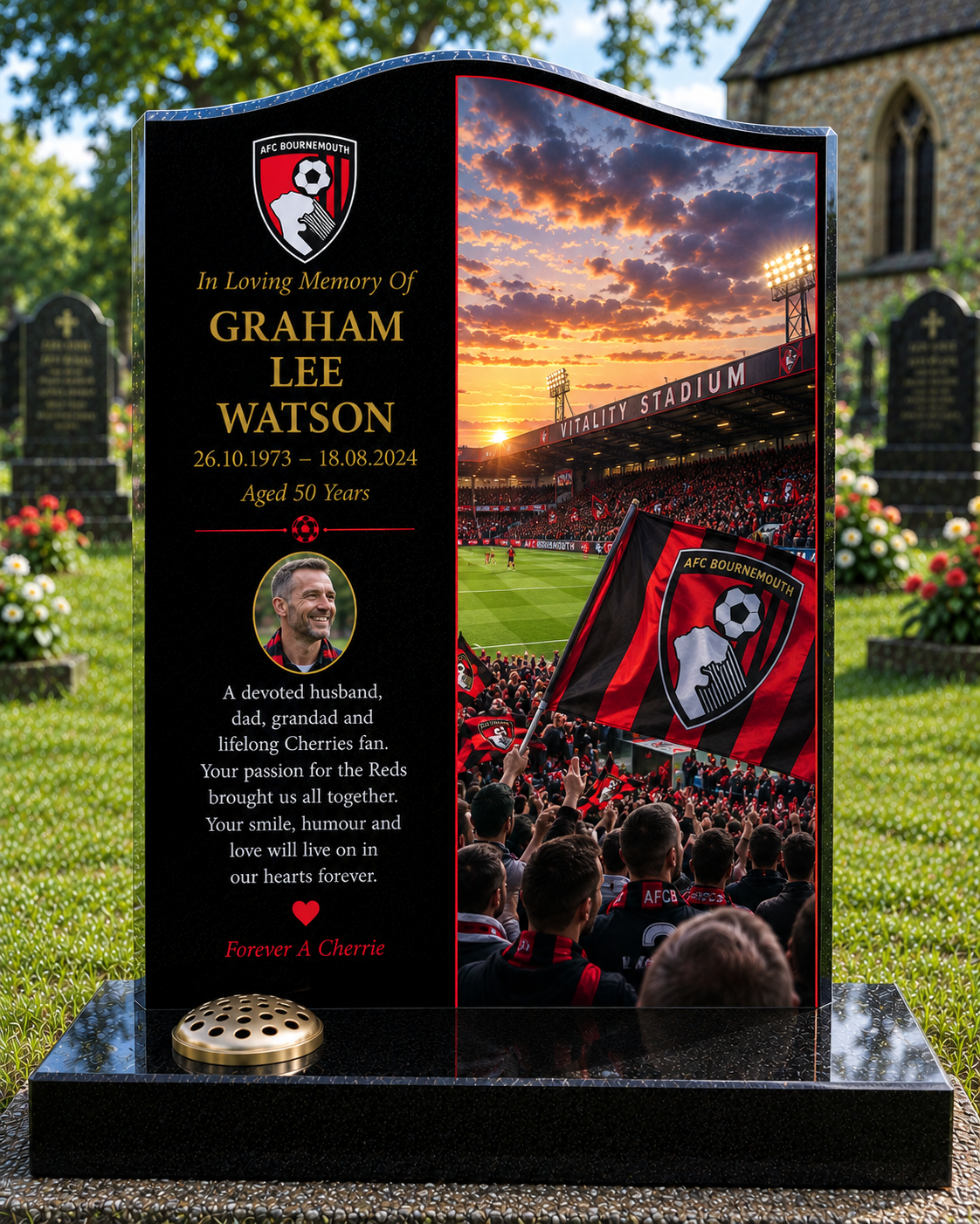 AFC Bournemouth football headstone memorial with club-inspired design