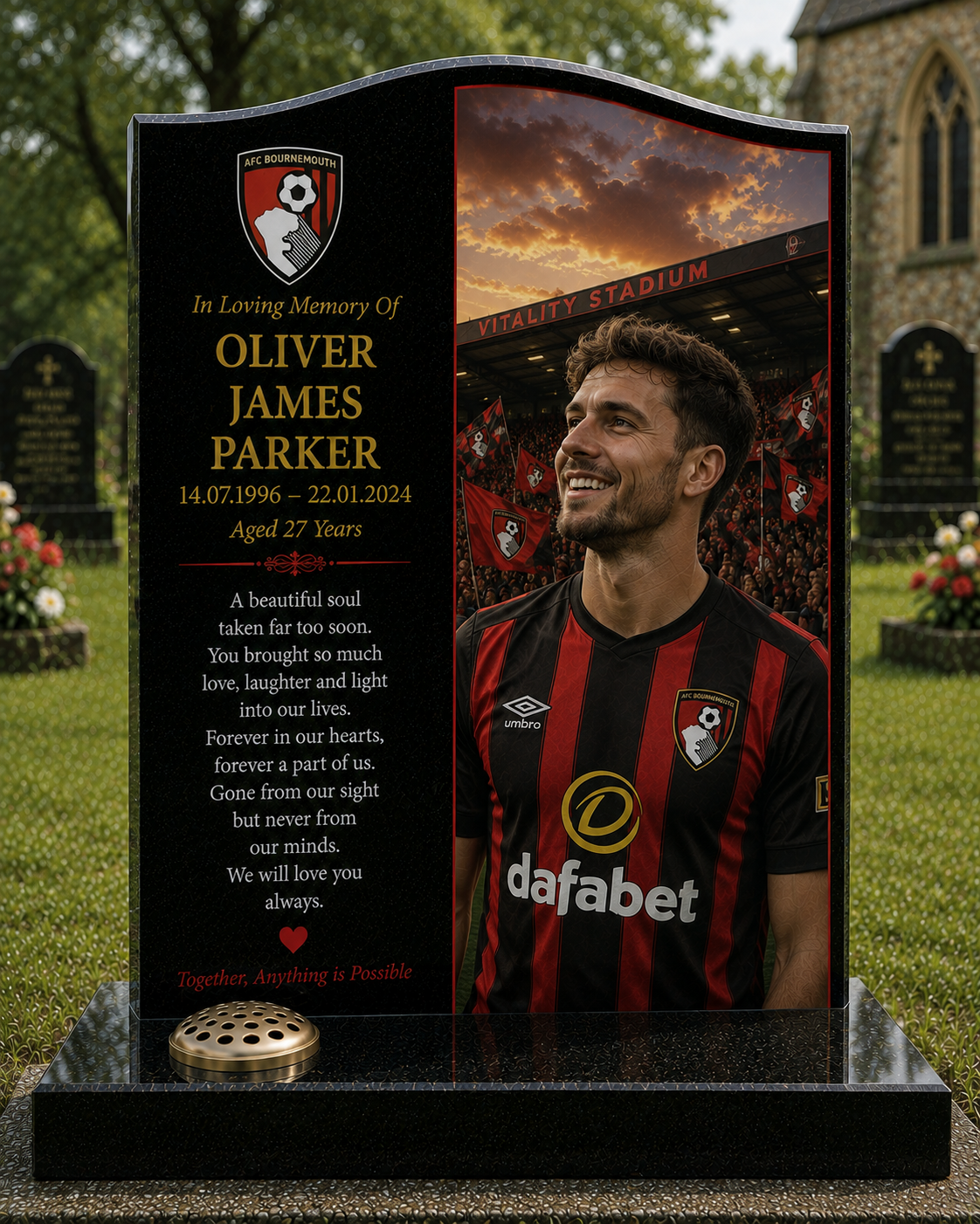 Personalised AFC Bournemouth football headstone memorial with supporter portrait