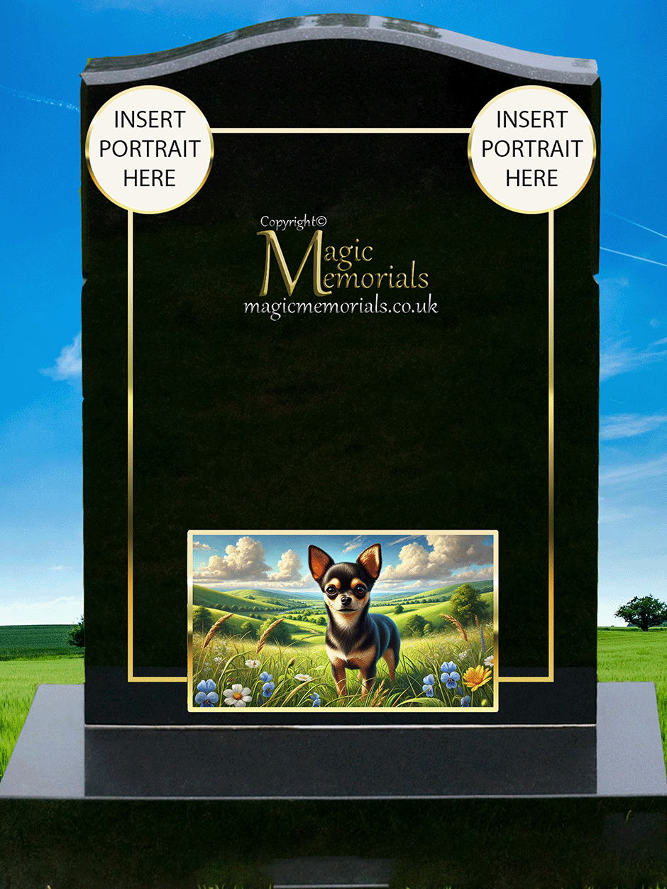 Chihuahua Lover Memorial Headstone made from premium granite, featuring high-resolution Chihuahua imagery and a personalised inscription. A beautiful and lasting tribute for lovers of this small but bold breed.