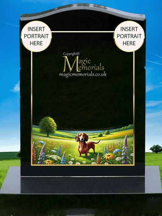 Dachshund Lover Memorial Headstone made from premium granite, featuring high-resolution Dachshund imagery and a personalised inscription. A touching tribute for lovers of this loyal and lively breed.

