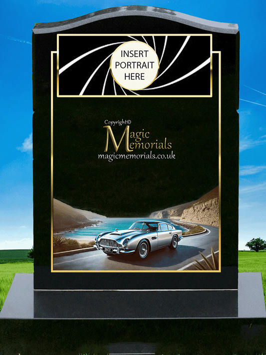 Aston Martin Enthusiast Memorial Headstone crafted from premium granite, featuring a beautifully engraved Aston Martin car or emblem. A lasting tribute for luxury car lovers and automotive enthusiasts, fully customisable with inscriptions and artwork.