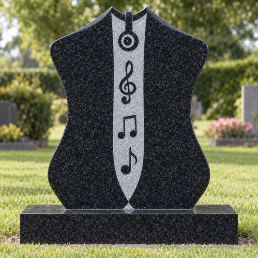 Celestia Music Headstone with Carved Notes and Headphones, canonical memorial master image for Magic Memorials, MM027