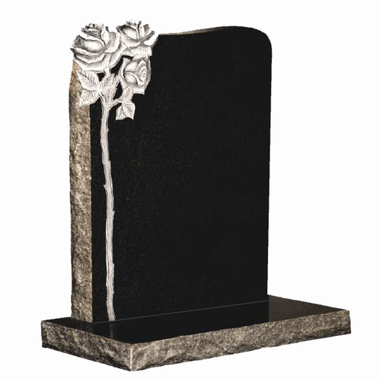 Square top granite headstone with rustic hand-finished edges and carved roses, fully customisable with high-resolution images and personalised inscriptions.