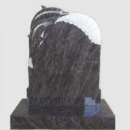 Granite headstone featuring a hand-carved dolphin design, fully customisable with high-resolution images and personalised inscriptions. Available in various granite colours.