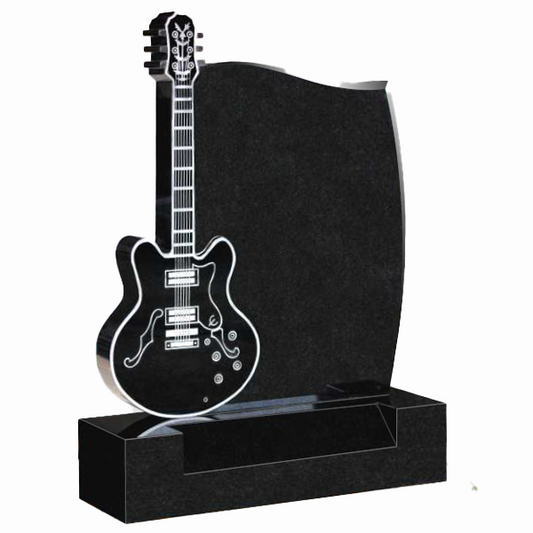 Granite headstone featuring a hand-carved guitar design, fully customisable with high-resolution images, music notes, and personalised inscriptions.


