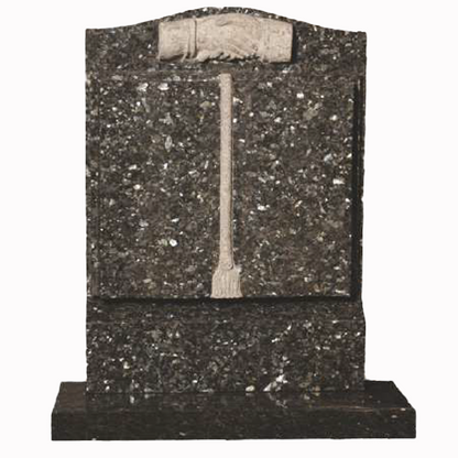 Granite headstone featuring a traditional book design with a detailed carving of shaking hands, fully customisable with high-resolution images and personalised inscriptions.