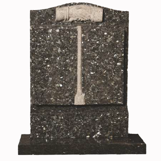Granite headstone featuring a traditional book design with a detailed carving of shaking hands, fully customisable with high-resolution images and personalised inscriptions.