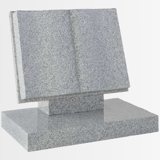 Granite headstone featuring a traditional book design with gently curved pages, fully customisable with high-resolution images and personalised inscriptions.