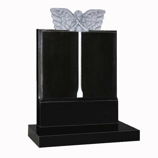 Granite book-style headstone featuring a detailed angel carving, fully customisable with high-resolution images and personalised inscriptions.