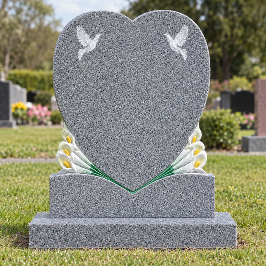 Lillora Heart Granite Headstone with Calla Lilies and Doves | MM093