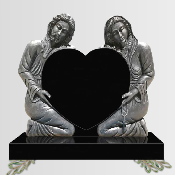 Heart shaped granite headstone featuring a hand-carved image of Mary and Jesus, fully customisable with high-resolution images and personalised inscriptions.