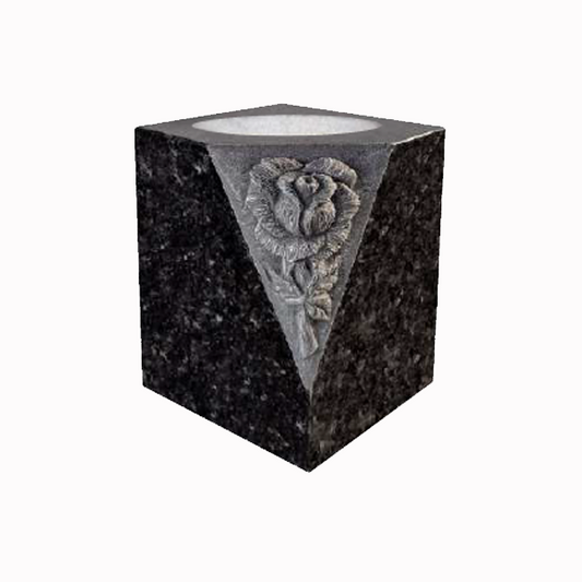 Granite memorial vase with removable flower holder, available in various colours and optionally engraved with name or short inscription.