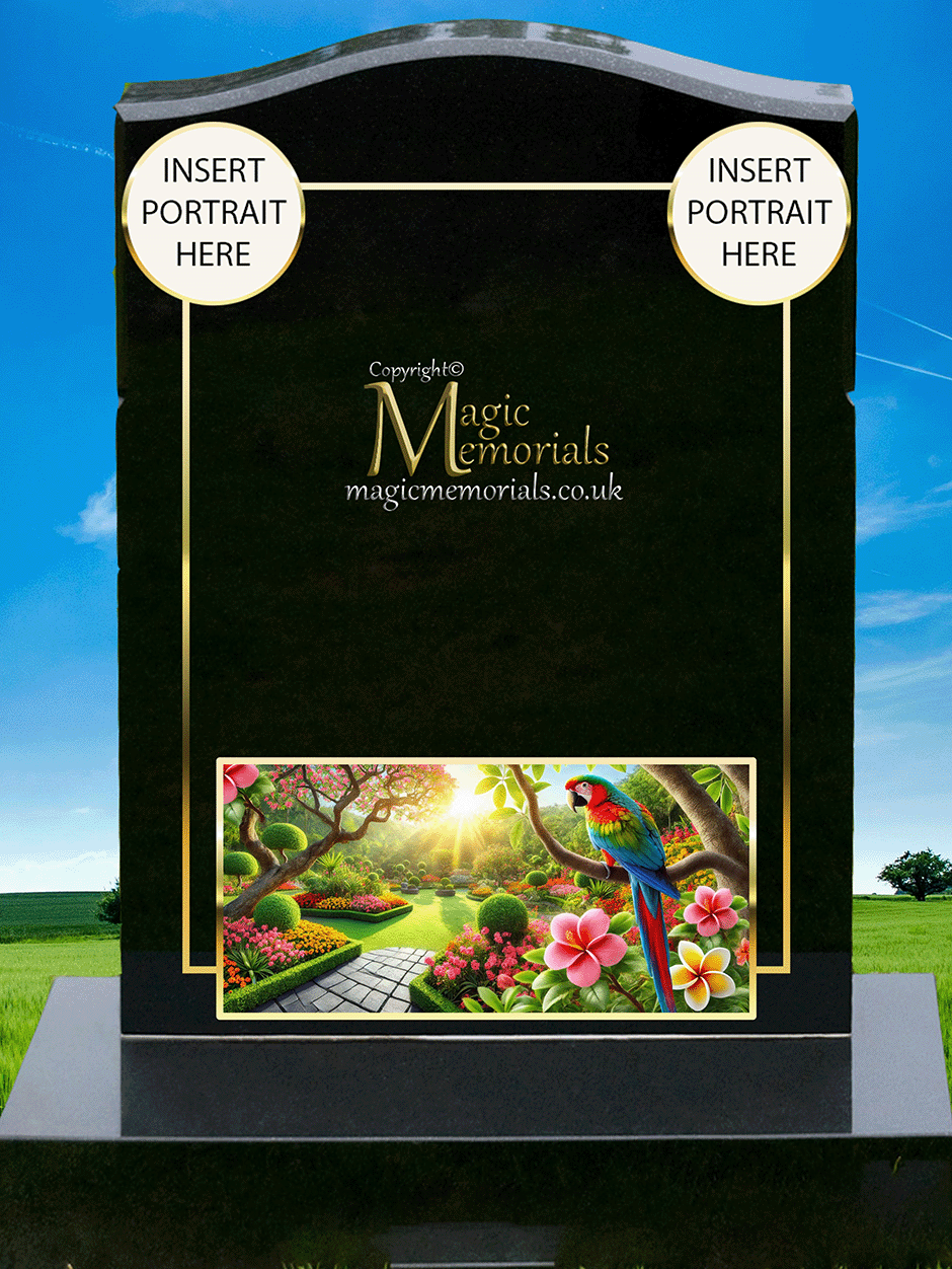 Parrot memorial headstone crafted from premium granite, featuring a beautifully engraved parrot perched on a branch or in flight. A heartfelt tribute symbolising joy, intelligence, and companionship.