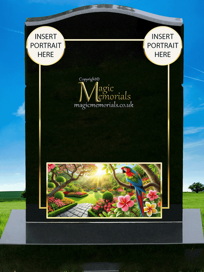 Parrot memorial headstone crafted from premium granite, featuring a beautifully engraved parrot perched on a branch or in flight. A heartfelt tribute symbolising joy, intelligence, and companionship.