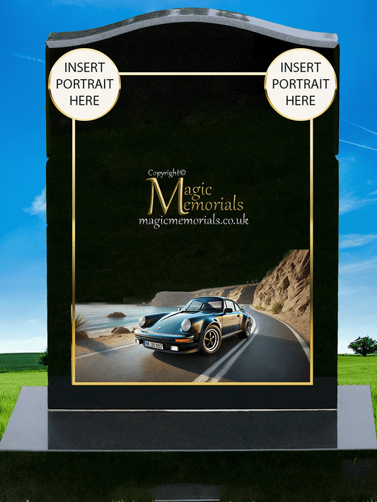 Porsche Enthusiast Memorial Headstone crafted from premium granite, featuring a beautifully engraved Porsche model or emblem. A meaningful tribute for Porsche lovers, fully customisable with inscriptions and artwork.