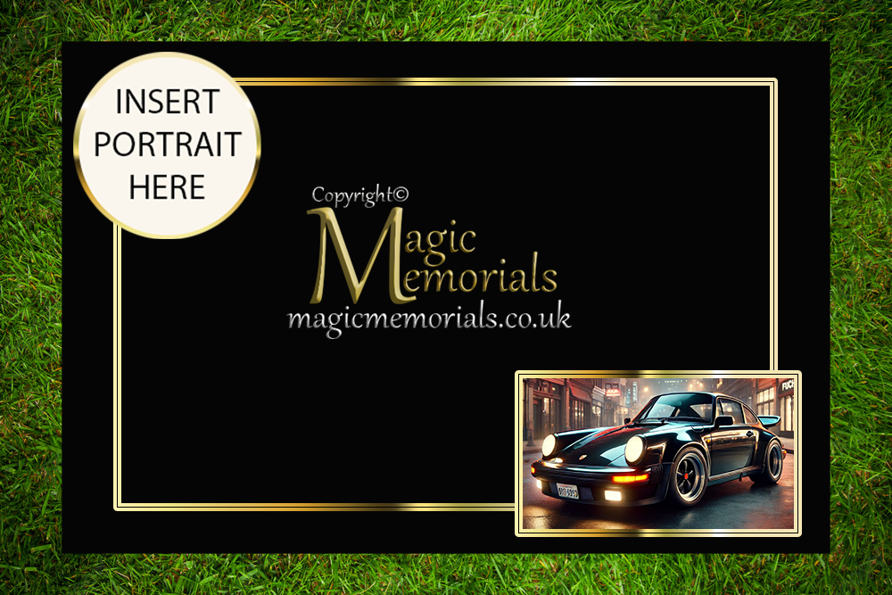 Granite cremation tablet for a car enthusiast, with personalised inscription and custom vehicle artwork added after order. A respectful tribute to a passionate motor lover.


