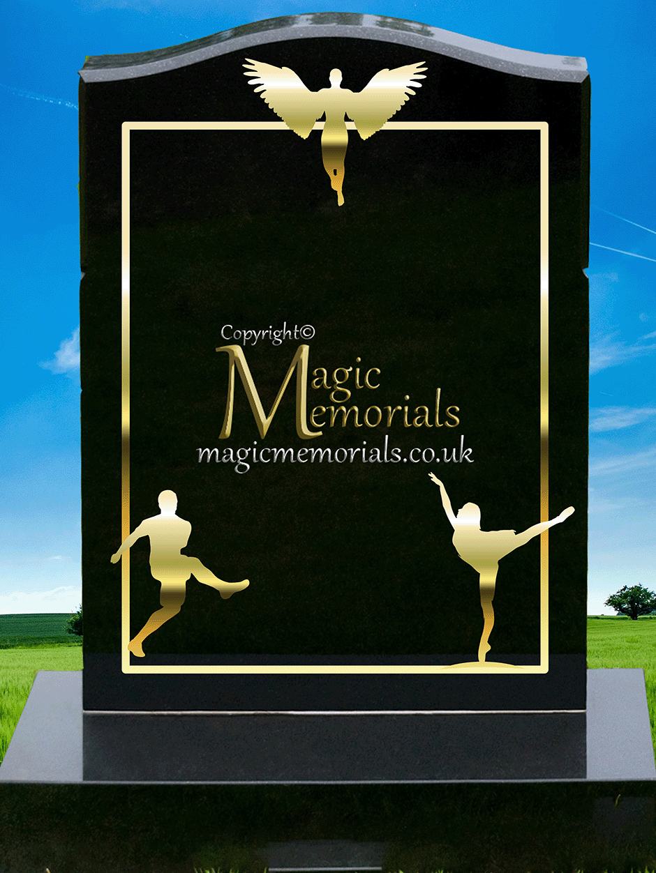 Traditional silhouette memorial headstone crafted from premium granite. Custom silhouettes available in four sizes, elegantly integrated into the border, perfect for churchyard restrictions.