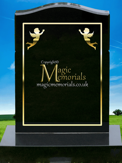 Traditional silhouette memorial headstone crafted from premium granite. Custom silhouettes available in four sizes, elegantly integrated into the border, perfect for churchyard restrictions.