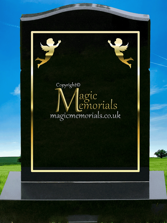 Traditional silhouette memorial headstone crafted from premium granite. Custom silhouettes available in four sizes, elegantly integrated into the border, perfect for churchyard restrictions.