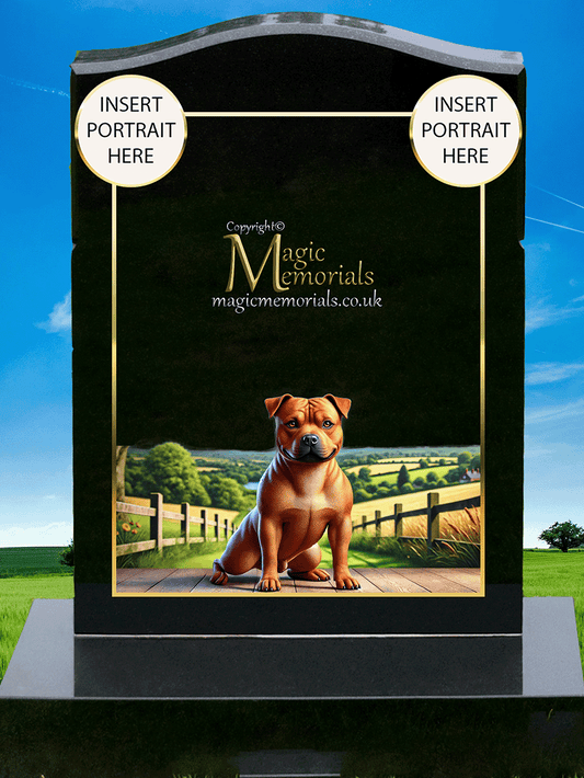 Staffordshire Bull Terrier Lover Memorial Headstone made from premium granite, featuring high-resolution Staffie imagery and a personalised inscription. A strong and meaningful tribute for Staffie owners and fans