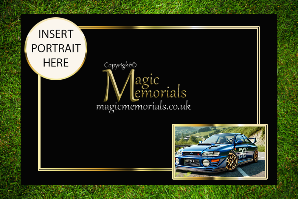 Granite cremation tablet for a car enthusiast, with personalised inscription and custom vehicle artwork added after order. A respectful tribute to a passionate motor lover.
