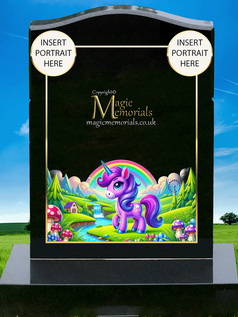 Children’s unicorn-themed memorial headstone crafted from premium granite, featuring gentle, colourful unicorn imagery and personalised inscriptions. A comforting tribute for a child filled with wonder.