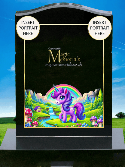 Children’s unicorn-themed memorial headstone crafted from premium granite, featuring gentle, colourful unicorn imagery and personalised inscriptions. A comforting tribute for a child filled with wonder.