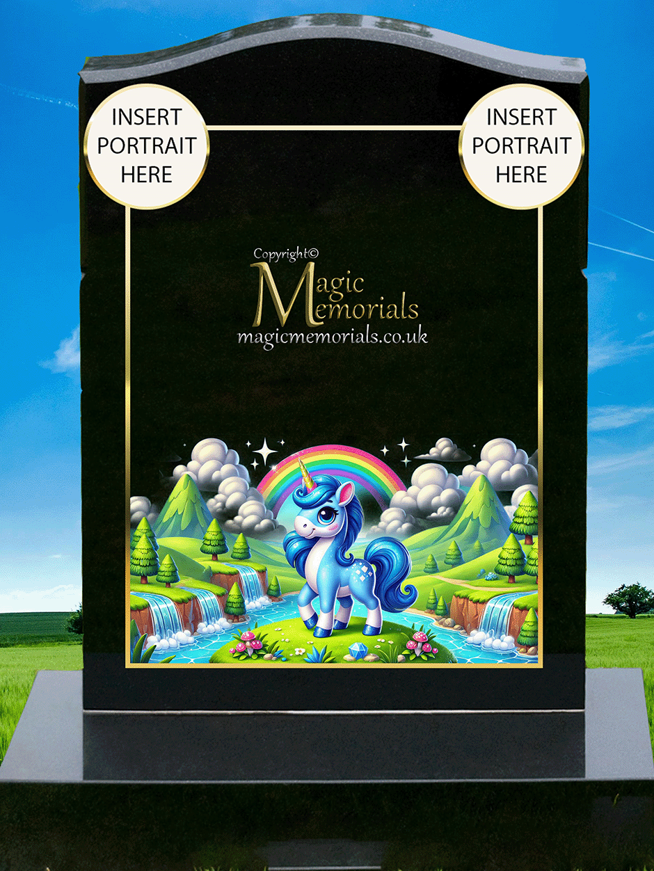 Children’s unicorn-themed memorial headstone crafted from premium granite, featuring gentle, colourful unicorn imagery and personalised inscriptions. A comforting tribute for a child filled with wonder.