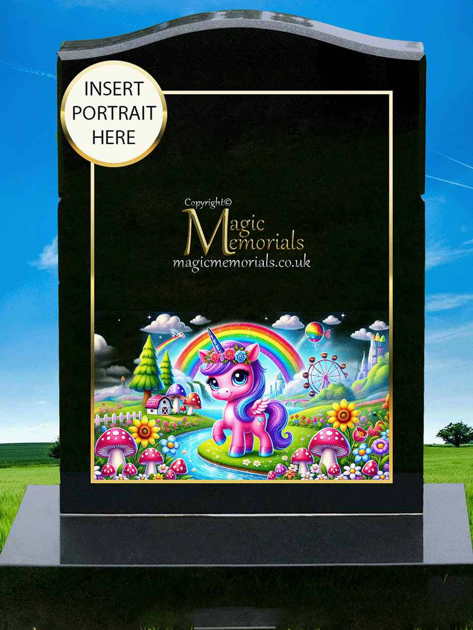 Children’s unicorn-themed memorial headstone crafted from premium granite, featuring gentle, colourful unicorn imagery and personalised inscriptions. A comforting tribute for a child filled with wonder.
