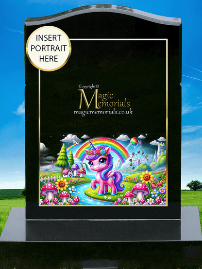 Children’s unicorn-themed memorial headstone crafted from premium granite, featuring gentle, colourful unicorn imagery and personalised inscriptions. A comforting tribute for a child filled with wonder.