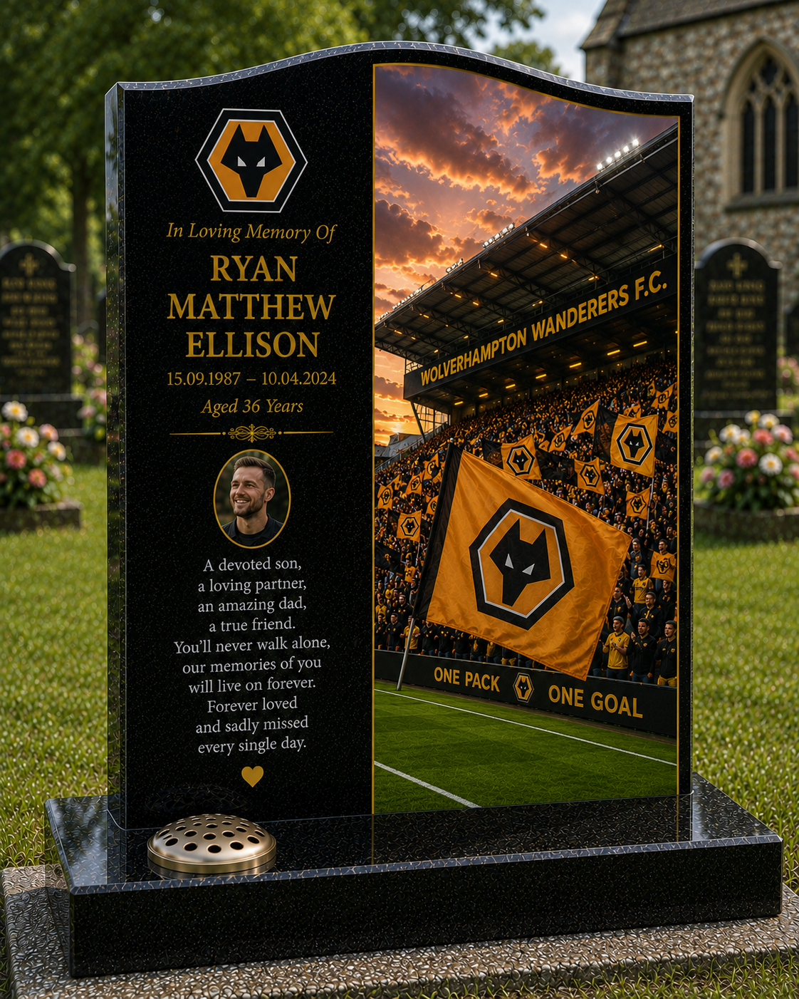 Wolverhampton Wanderers football headstone memorial with club-inspired design