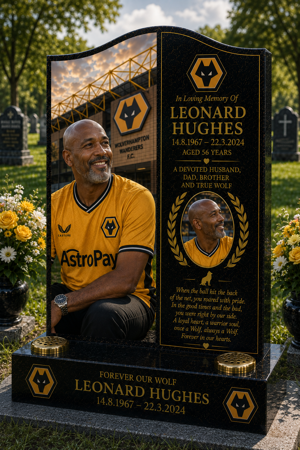 Personalised Wolverhampton Wanderers football headstone memorial with supporter portrait